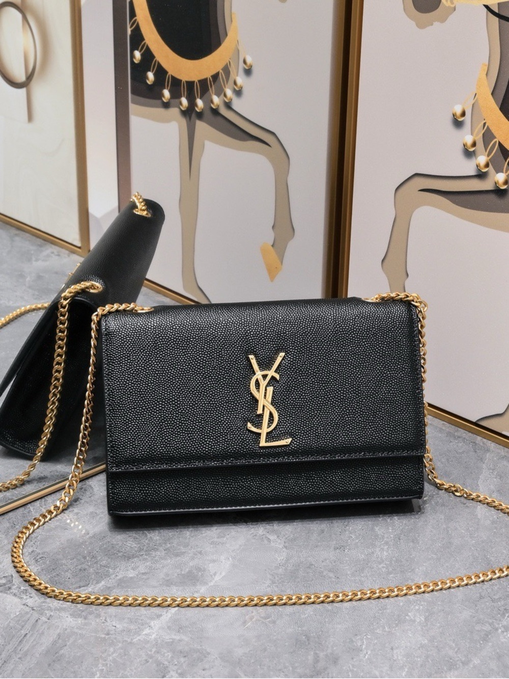 Saint Laurent Black Leather Shoulder Bag with Gold Chain and YSL Emblem